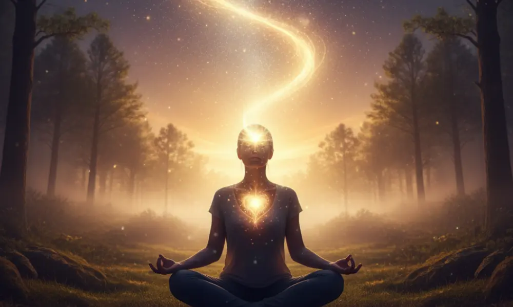 Pessoa em meditação emitindo alta frequência de gratidão, mostrando como mudar o que você vibra.