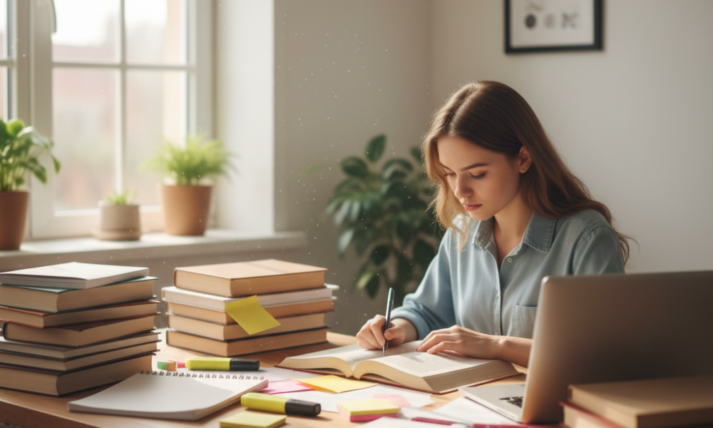 Estudante focado em mesa com livros, representando concentração e aprendizado