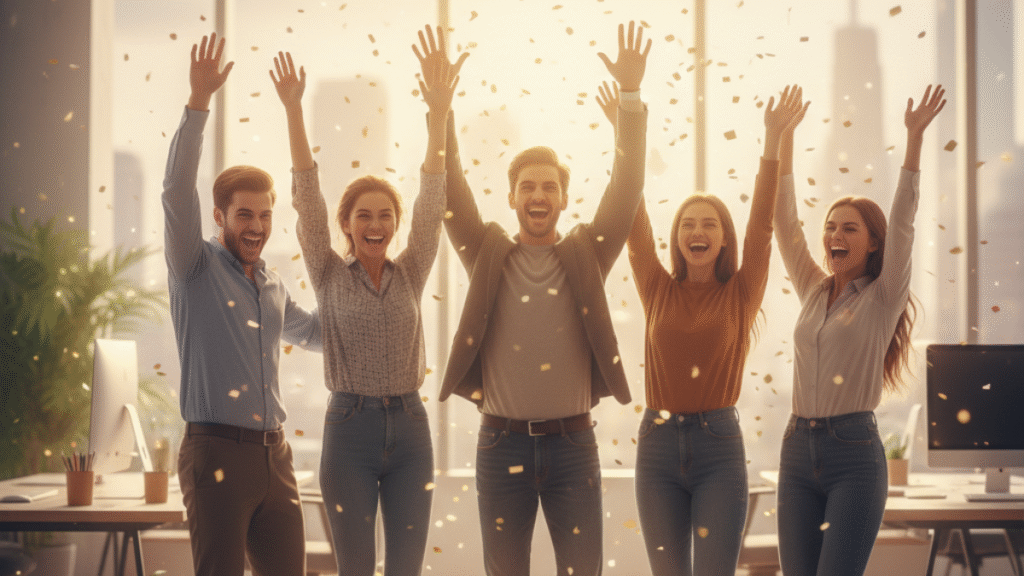 Equipe celebrando conquistas em um ambiente positivo de trabalho.