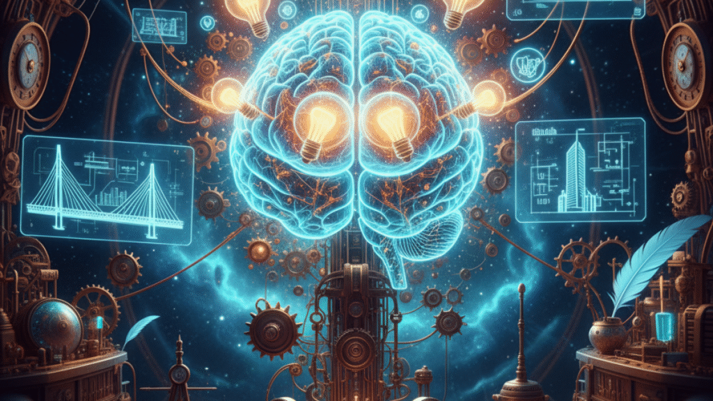 Ilustração conceitual de um cérebro como uma oficina, com engrenagens, lâmpadas de ideias e projetos, simbolizando a imaginação e o pensamento criativo.