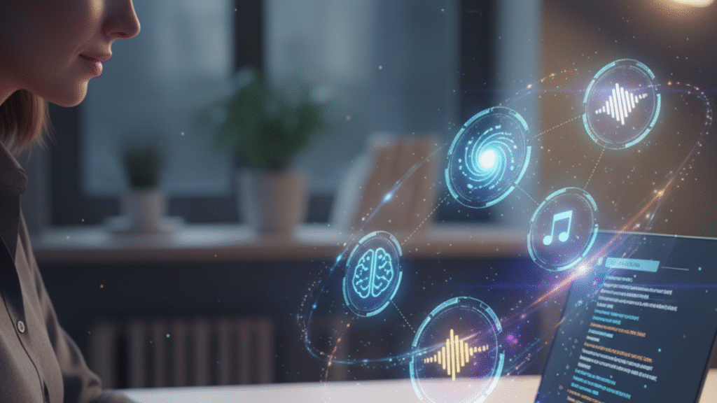 Pessoa usando laptop para criar afirmações com IA, com símbolos mentais e energéticos ao redor.