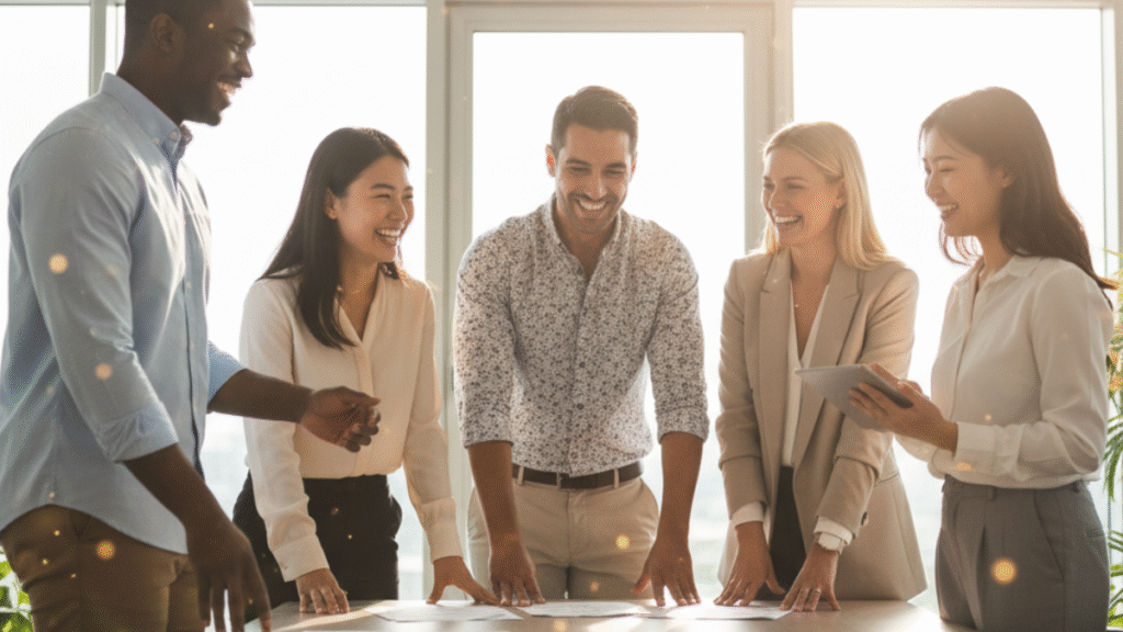 Equipe sorridente em ambiente de trabalho colaborativo representando cultura positiva.