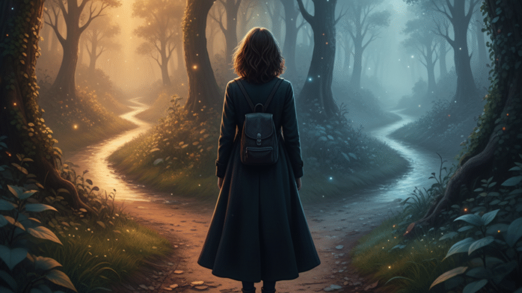 Pessoa refletindo sobre escolhas de vida e decisões importantes, simbolizando o momento de decisão.