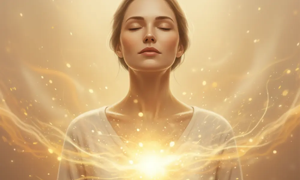 Pessoa irradiando luz dourada do coração, simbolizando que a emoção é o combustível da Lei da Atração e do poder da visualização