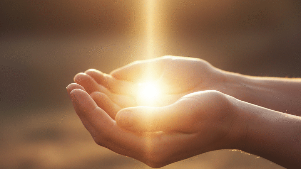 Mãos recebendo luz dourada representando energia de manifestação