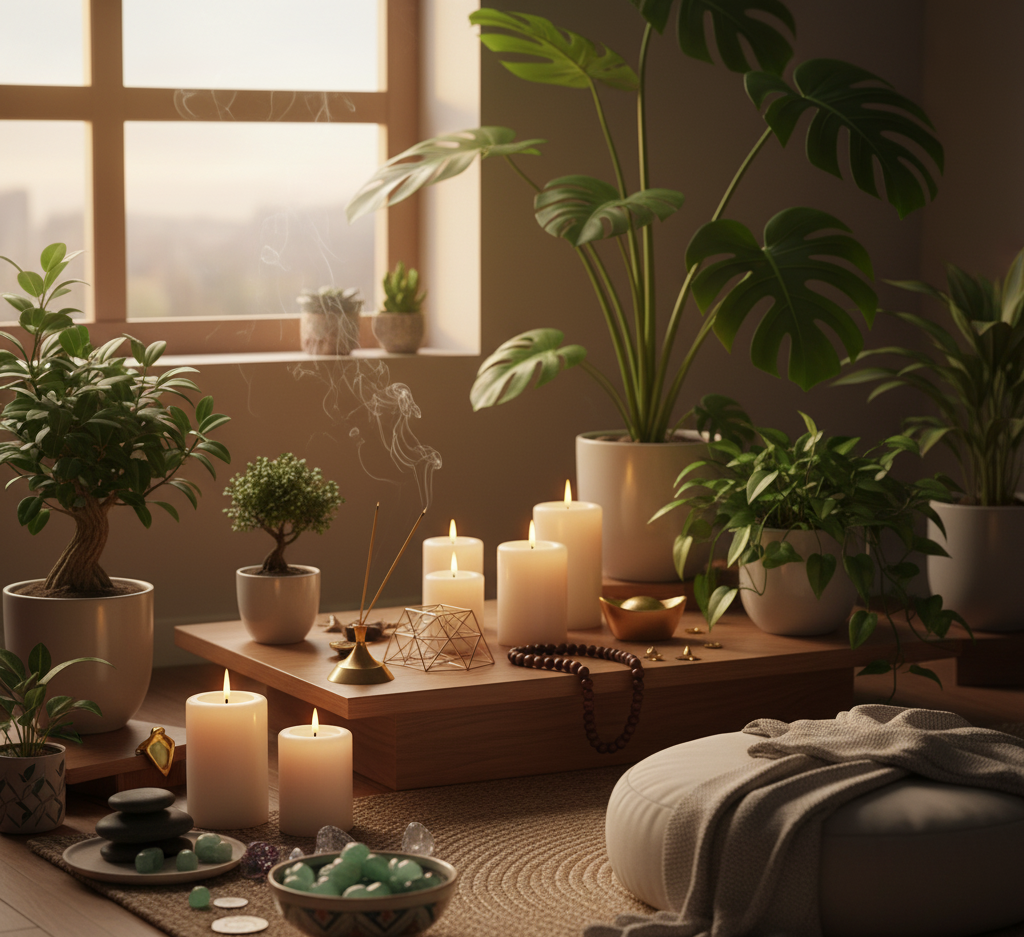 Espaço de meditação organizado, transmitindo calma e potencial para manifestar desejos.