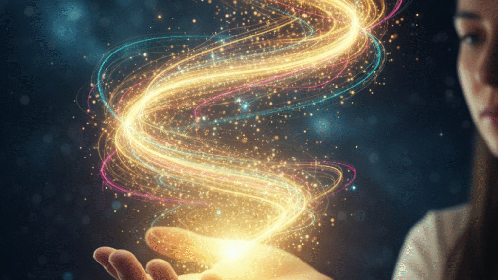 Fluxo de energia positiva representado por luzes brilhantes, simbolizando os princípios da Lei da Atração