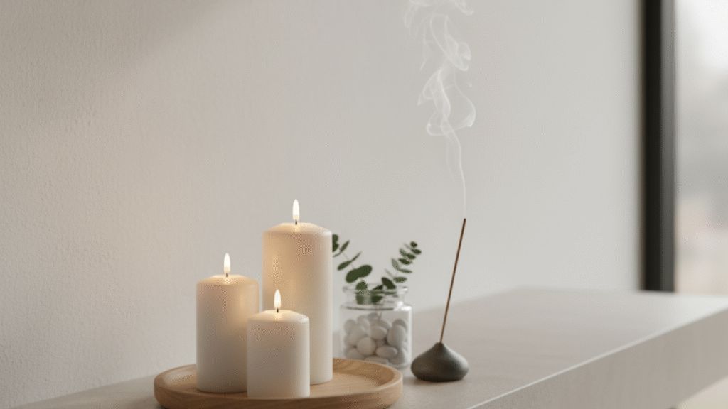 Ambiente calmo com velas simbolizando foco e energia positiva.