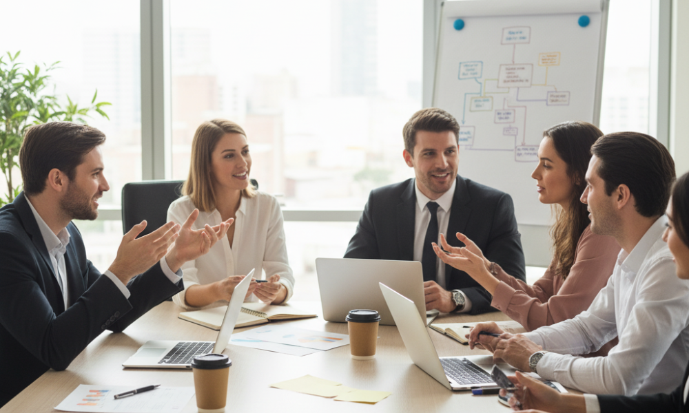 Grupo de profissionais sorrindo em volta de uma mesa de reunião, ilustrando trabalho em equipe e troca de ideias positiva.
