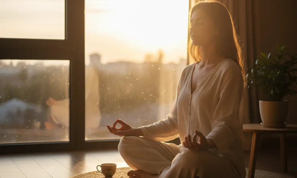 Pessoa meditando pela manhã com luz natural, representando o hábito diário da visualização e alinhamento vibracional