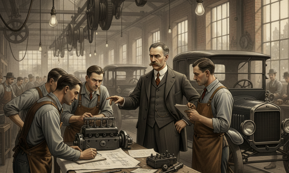 Henry Ford com sua equipe de engenheiros no chão de fábrica, simbolizando a inovação e o desenvolvimento da linha de montagem.