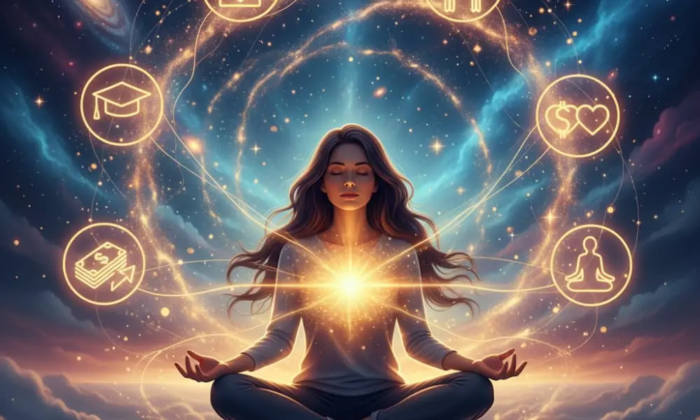 Pessoa meditando e irradiando energia, ilustrando o conceito da vibração positiva para atrair desejos.