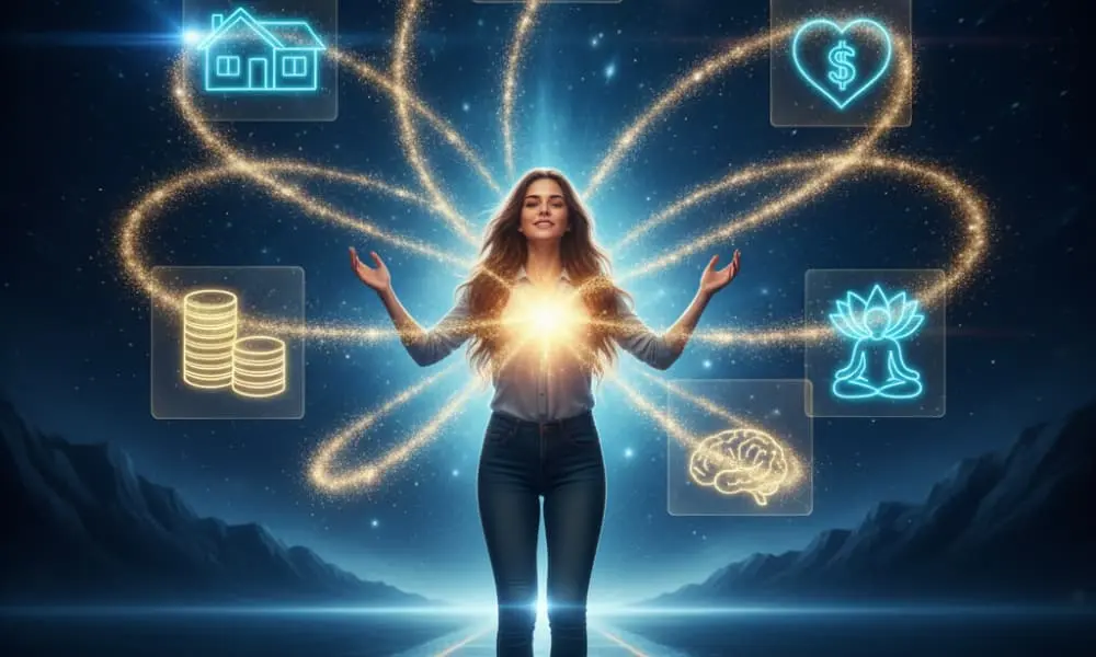 Pessoa no topo de uma montanha agindo como um ímã, atraindo simultaneamente prosperidade, amor e propósito de vida.