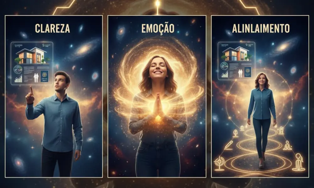 Visualização dos três pilares da manifestação: Clareza, Emoção e Ação, alinhados para o sucesso.