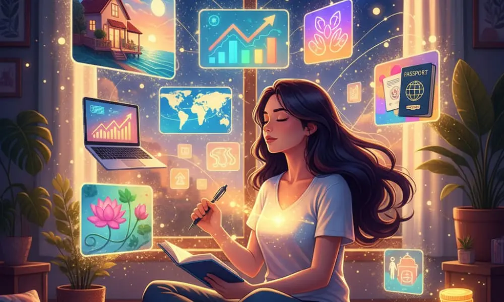 Mulher visualizando seus objetivos em um quadro dos sonhos, aplicando técnicas práticas da Lei da Atração.