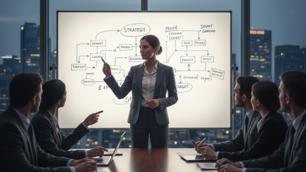 Líder tomando uma decisão estratégica durante reunião, demonstrando a importância de decisões rápidas e firmes no ambiente profissional.