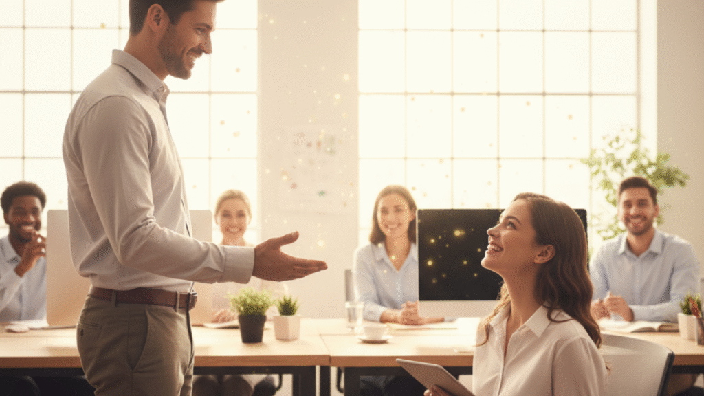 Líder reconhecendo funcionário como exemplo de valorização e incentivo positivo.