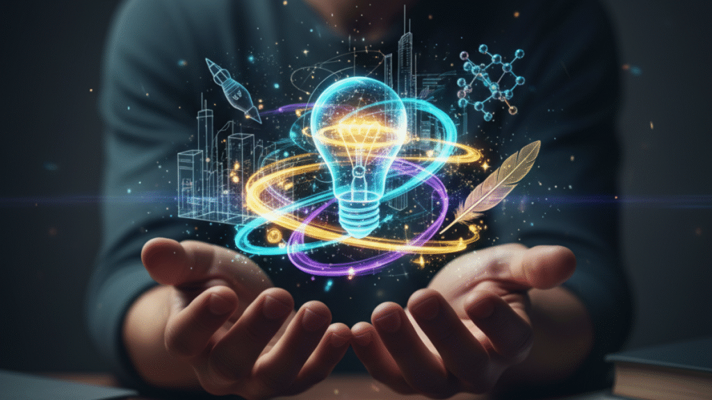 Mãos de pessoa segurando uma lâmpada de ideia brilhante, representando a criação e visualização de conceitos, inovação e pensamento imaginativo.