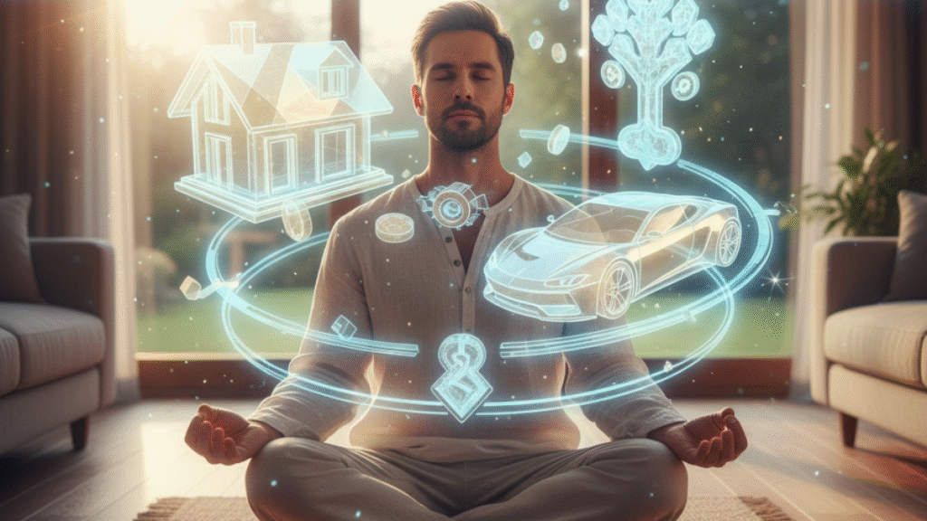 Homem meditando e observando hologramas de metas e prosperidade criados com tecnologia de realidade aumentada.