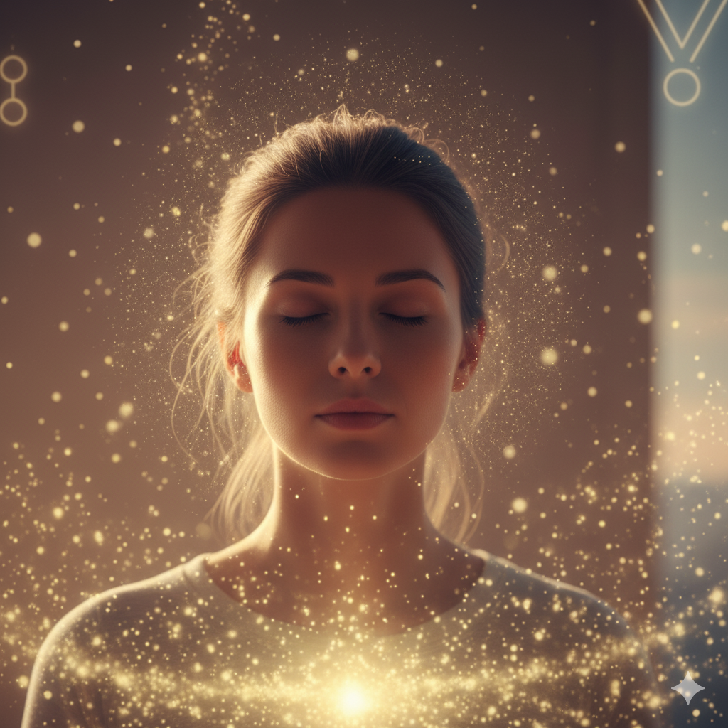 Pessoa meditando com olhos fechados, concentrada e conectada com seus desejos.