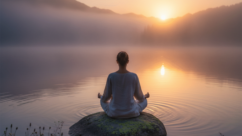 Pessoa praticando mindfulness e manifestação com meditação ao nascer do sol.