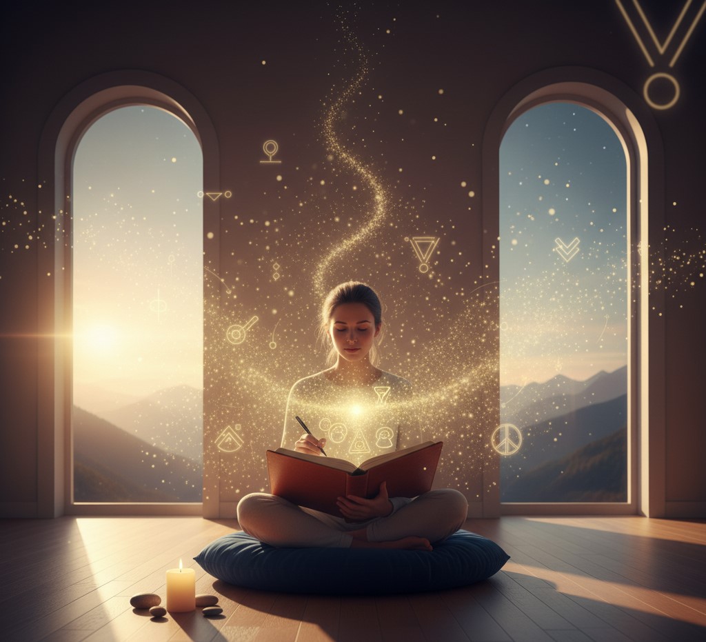 Pessoa praticando meditação enquanto escreve intenções e objetivos para manifestação.