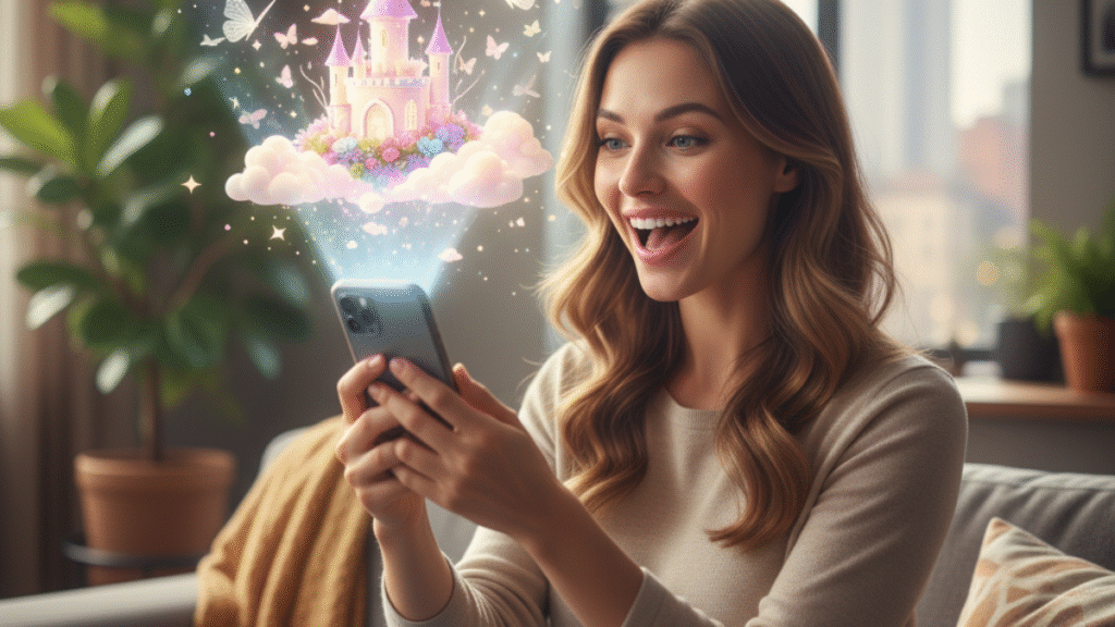 Mulher sorridente usando celular para visualizar em realidade aumentada seus objetivos e sonhos manifestando-se pela Lei da Atração.