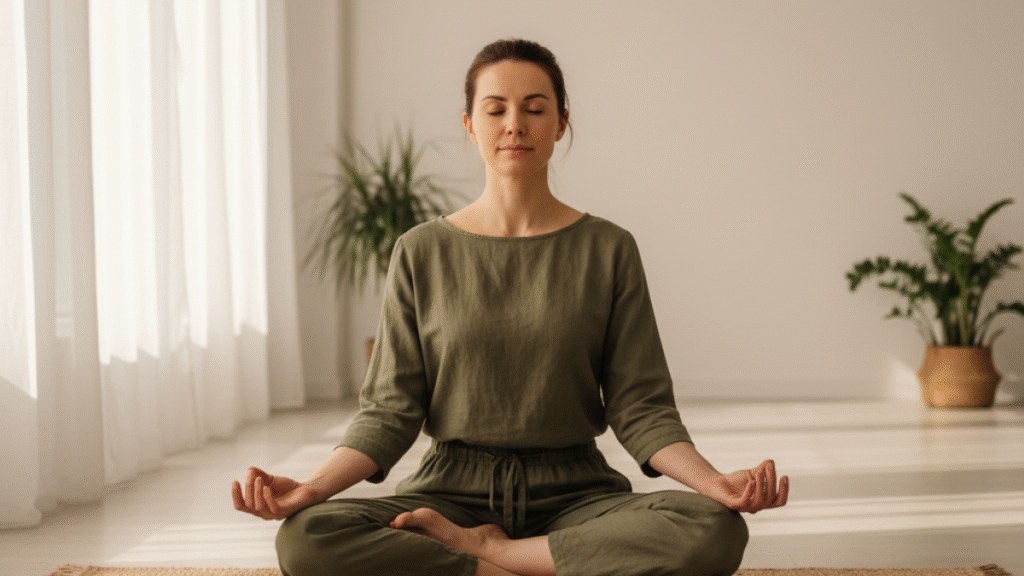 Pessoa em postura de lótus meditando, simbolizando conexão espiritual e foco na manifestação.