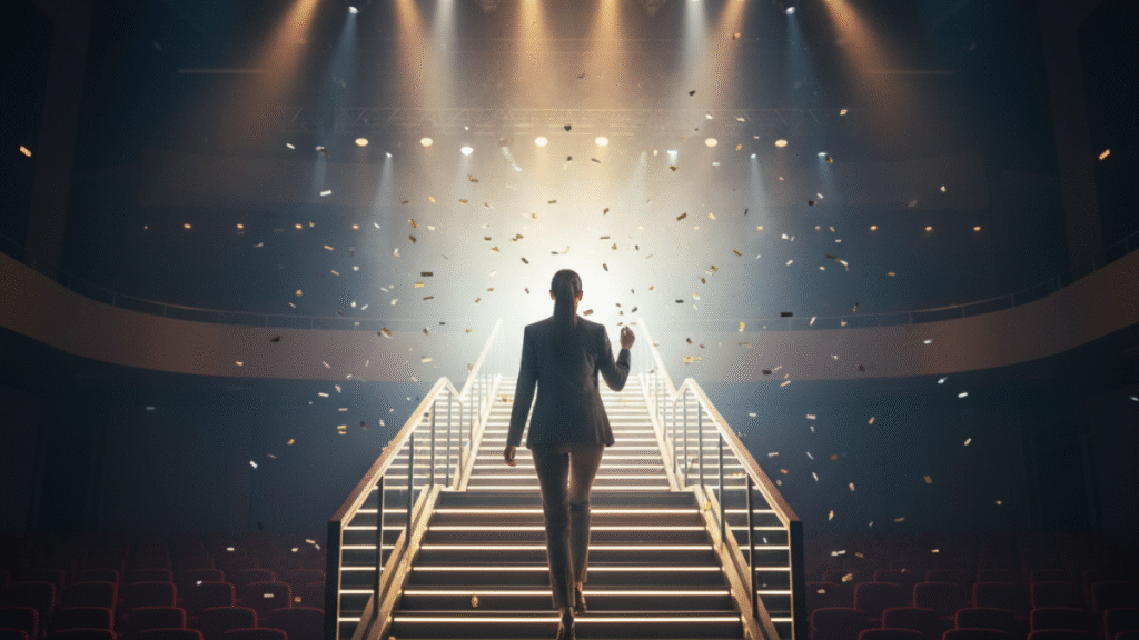 Pessoa no topo de uma montanha simbolizando conquista e sucesso, representando a Lei da Atração