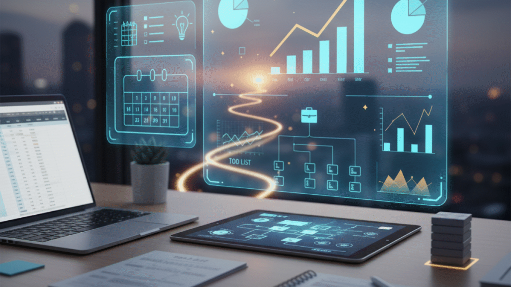 Visualização de um dashboard com gráficos e etapas, mostrando o acompanhamento e a execução de um plano organizado.