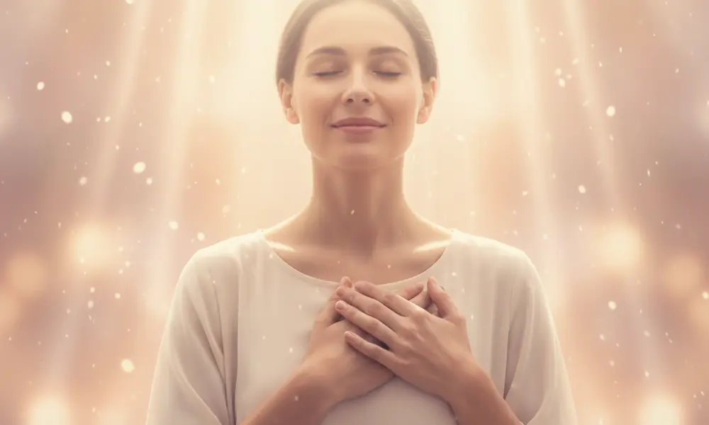 Pessoa com as mãos sobre o coração expressando gratidão e fé, simbolizando o poder vibracional da gratidão na manifestação