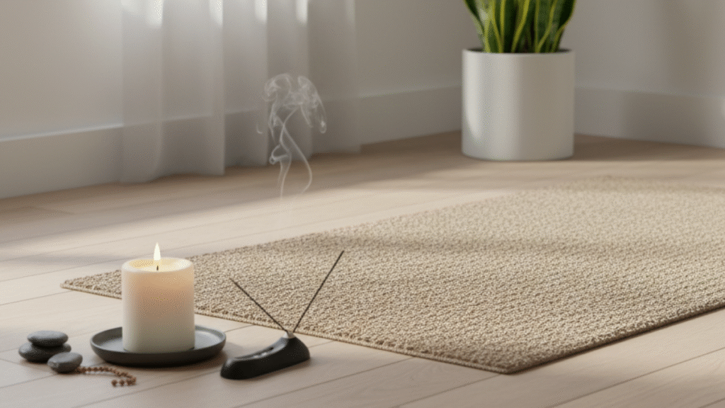 Espaço zen com tapete de yoga, vela e plantas representando prática diária de gratidão e conexão interior