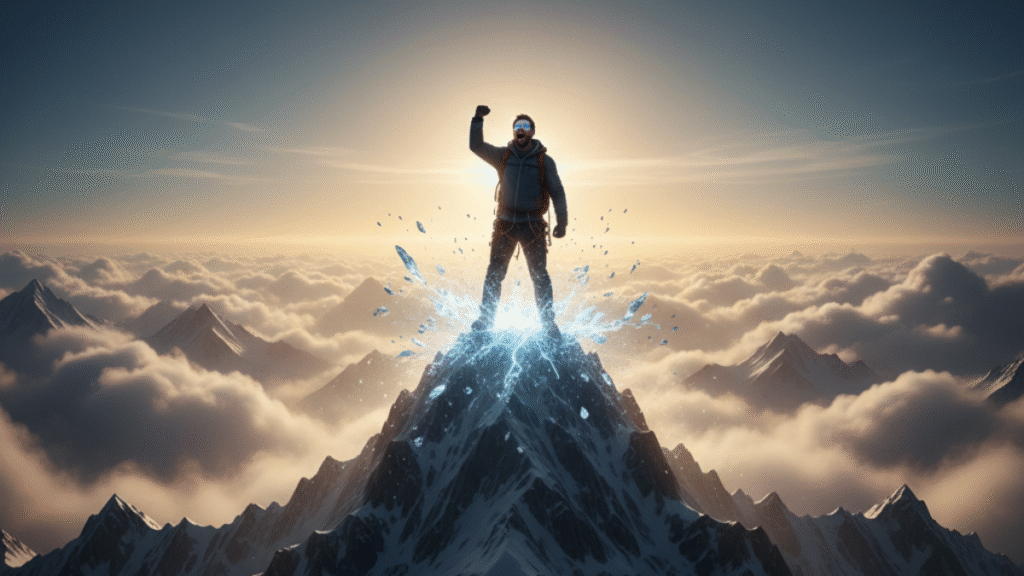 Pessoa superando obstáculos e alcançando o topo, simbolizando a superação da procrastinação e a tomada de decisões firmes.