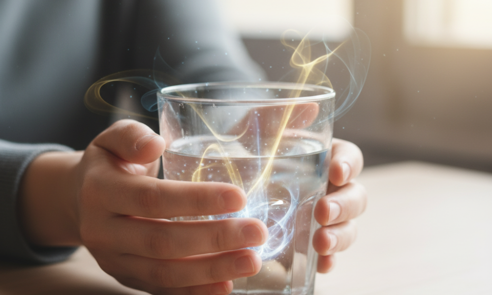 Energizando a água na técnica do copo d'água: mãos transmitindo intenção e energia para o líquido, ativando a manifestação.