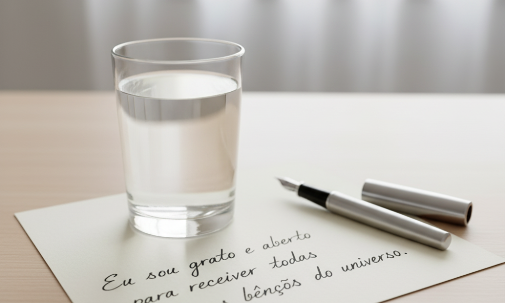 Técnica do copo d'água: papel com intenção afirmativa escrita à mão, pronta para a manifestação de desejos.