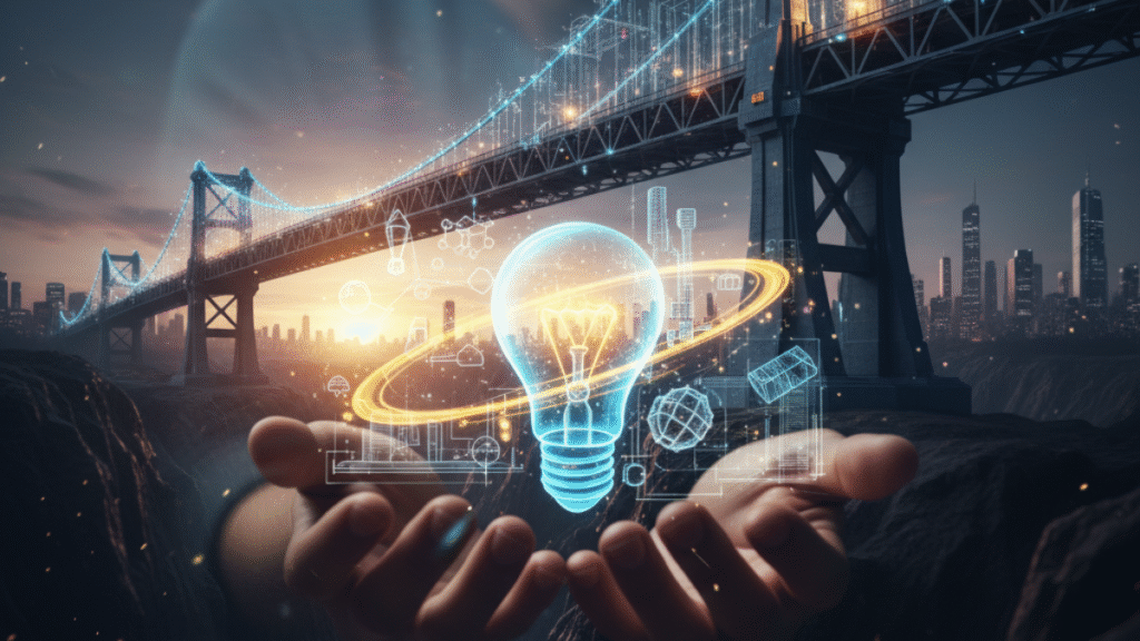 Mãos apresentando uma ideia luminosa, com uma ponte tecnológica ao fundo, ilustrando a transformação da imaginação em realidade e o caminho para o sucesso.
