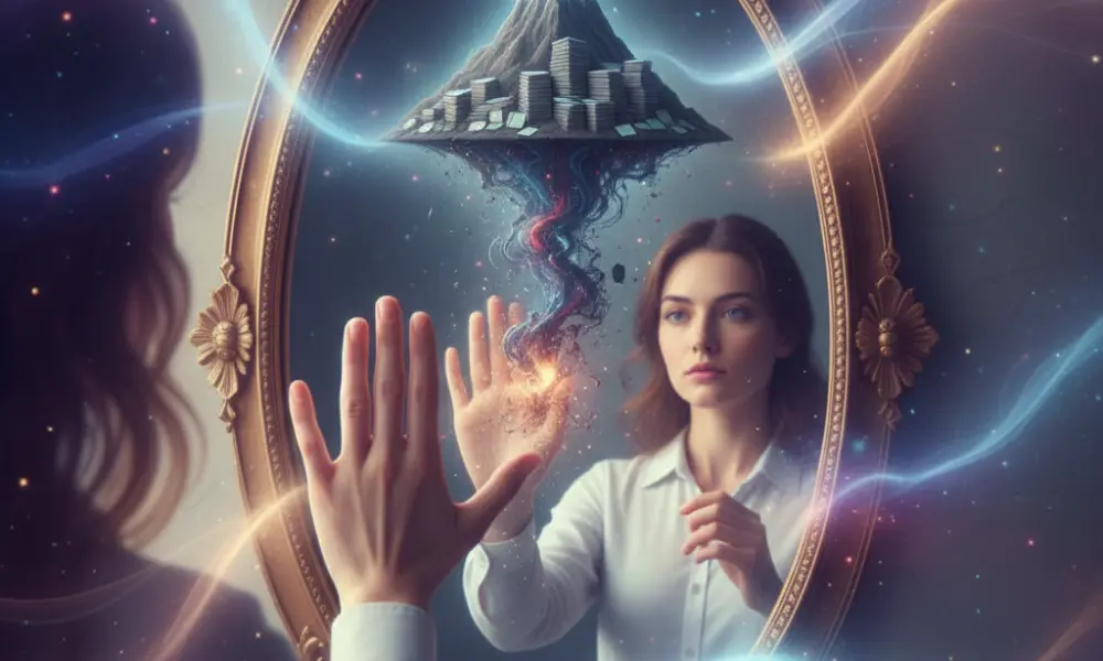 Ilustração do universo entendendo a vibração, e não a negação "não", focando na lei do espelho espiritual.