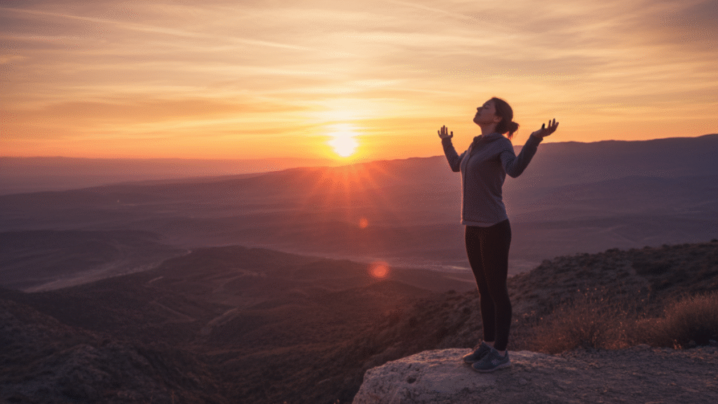 Pessoa contemplando o pôr do sol, simbolizando vibração equilibrada e consciência espiritual.