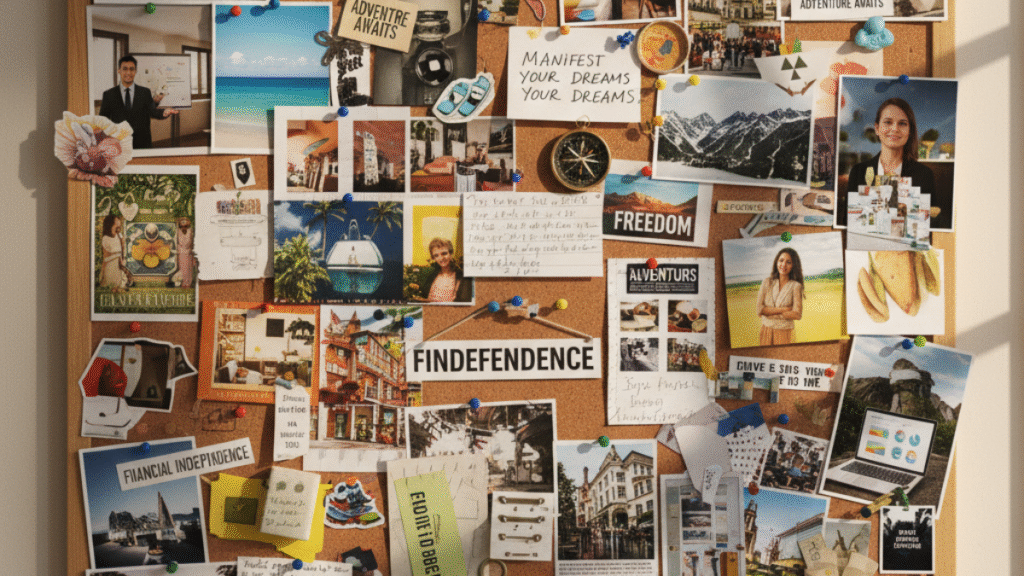 Vision board com imagens de metas, sonhos e objetivos, representando o uso da Lei da Atração para alcançar sucesso