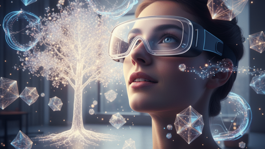 Pessoa praticando visualização criativa com realidade aumentada, simbolizando a união entre mente e tecnologia na Lei da Atração.