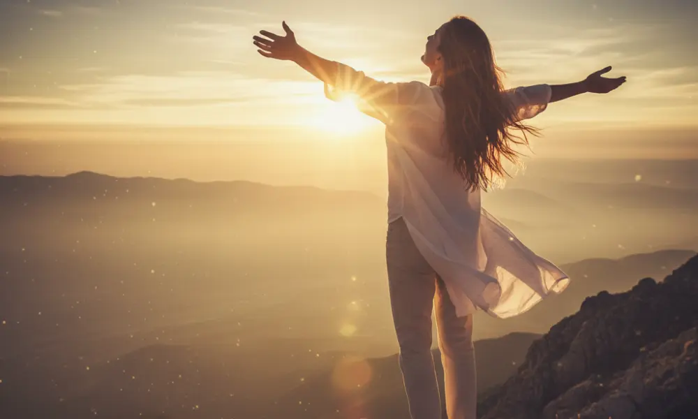 Pessoa de braços abertos ao nascer do sol, simbolizando viver o que deseja atrair e sentir a realização vibracional