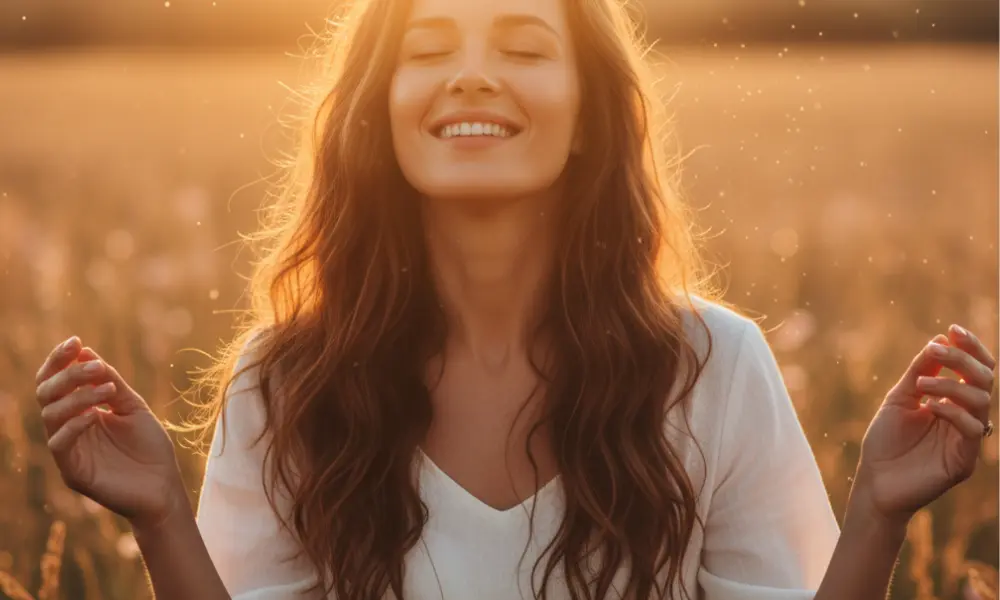 Pessoa sorrindo com olhos fechados, simbolizando viver o agora com clareza e plenitude