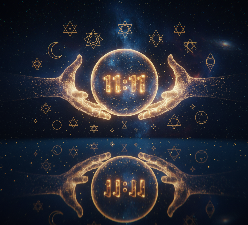 Mãos místicas segurando uma esfera brilhante com o número 11:11, rodeadas por símbolos esotéricos e uma galáxia, simbolizando manifestação e conexão espiritual.