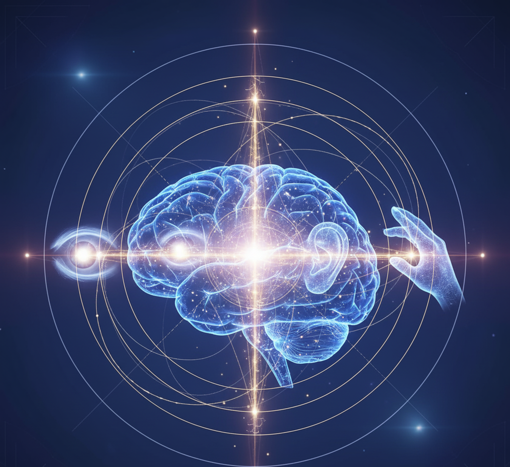 Ilustração mostrando ativação cerebral e sentidos durante visualização, simbolizando a base científica da prática.