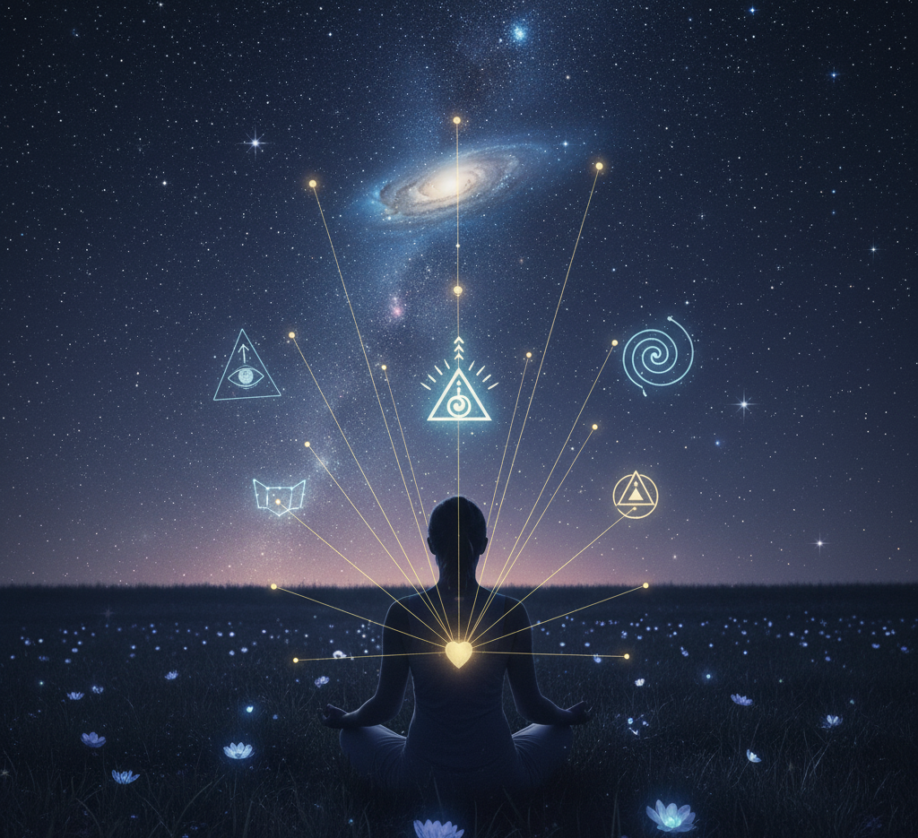 pessoa meditando sob ceu estrelado com conexoes de luz e simbolos da lei da atracao