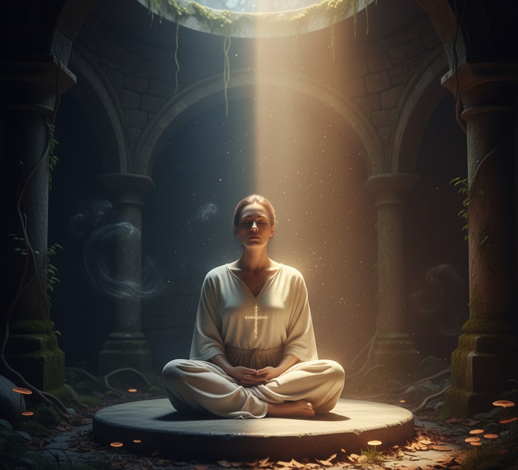 Pessoa refletindo entre luz e sombra, representando a dualidade entre dúvida e confiança na Lei da Atração.