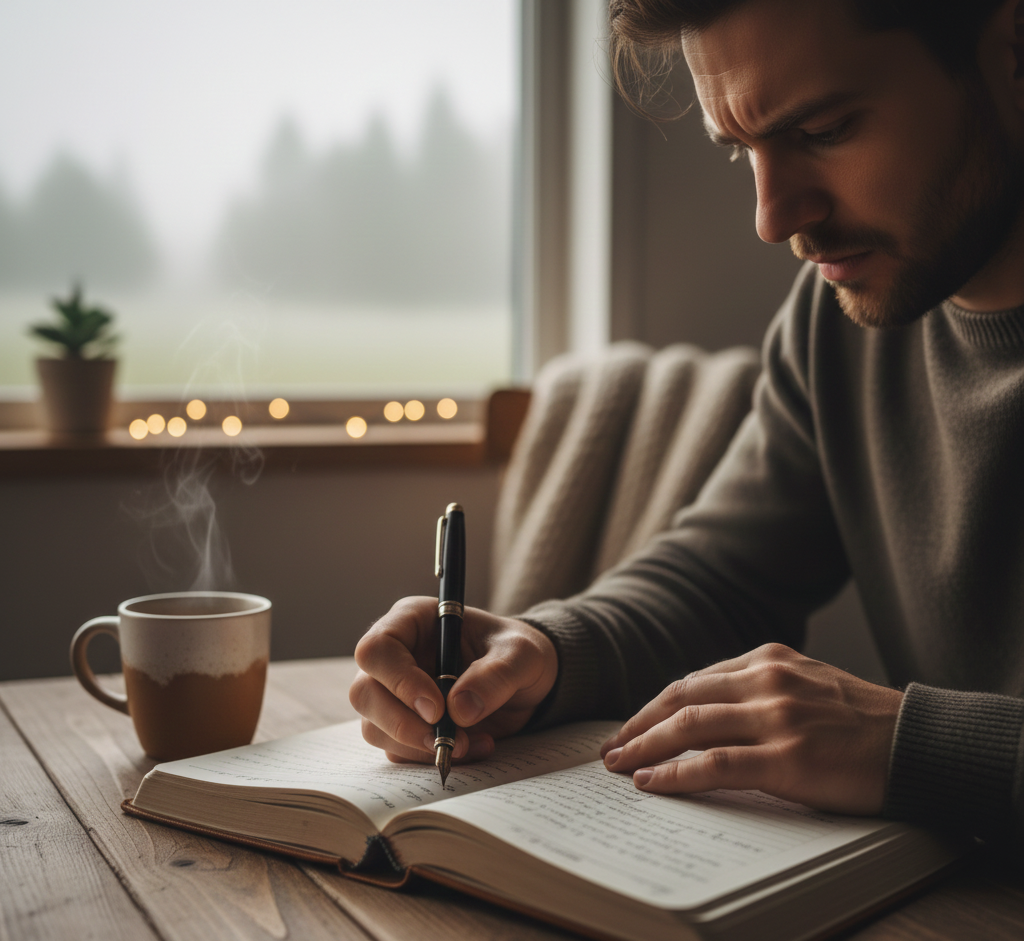 Pessoa escrevendo carta mágica em caderno durante ritual de reflexão de fim de ano