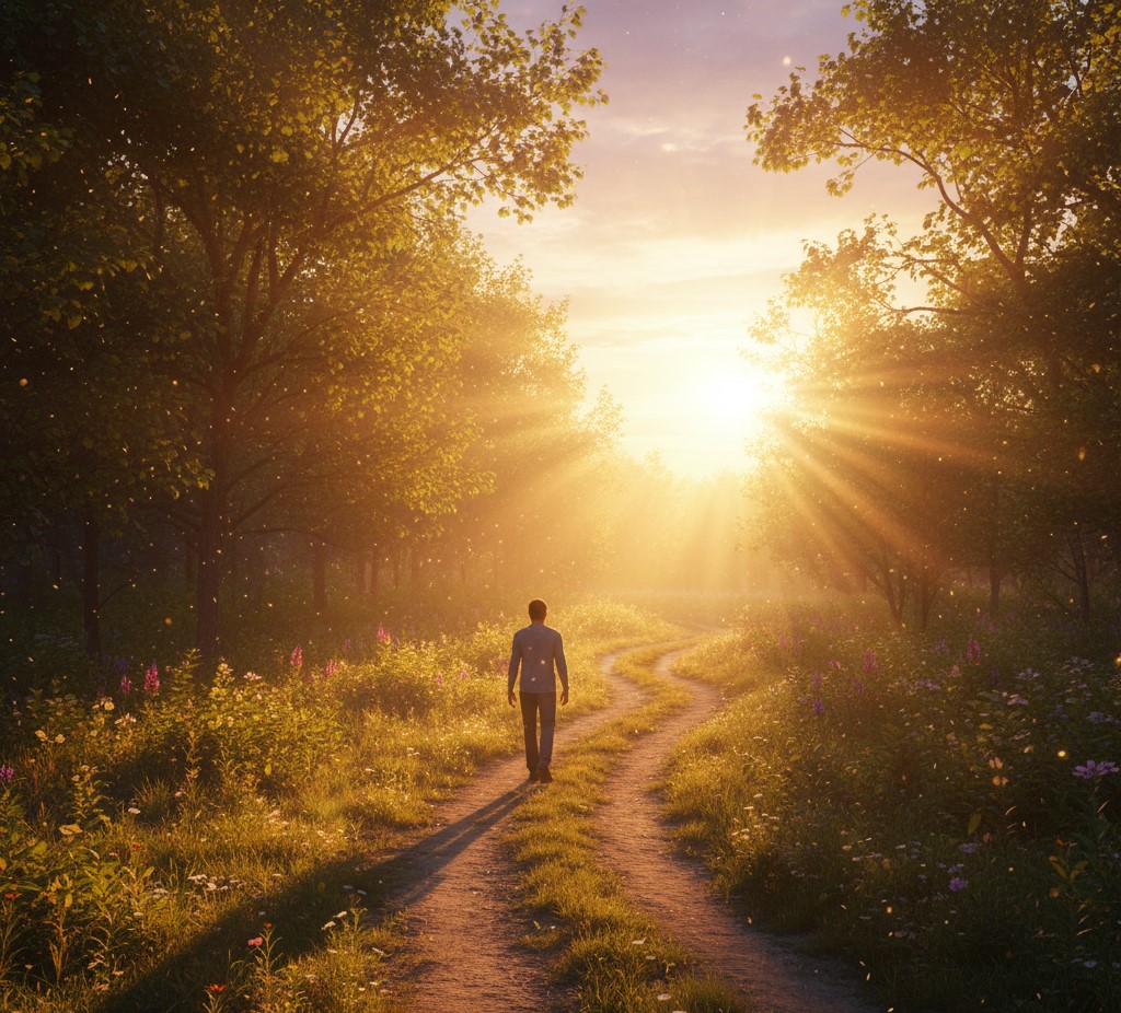 Pessoa caminhando em trilha iluminada, simbolizando o caminho da fé vibracional e confiança na manifestação.