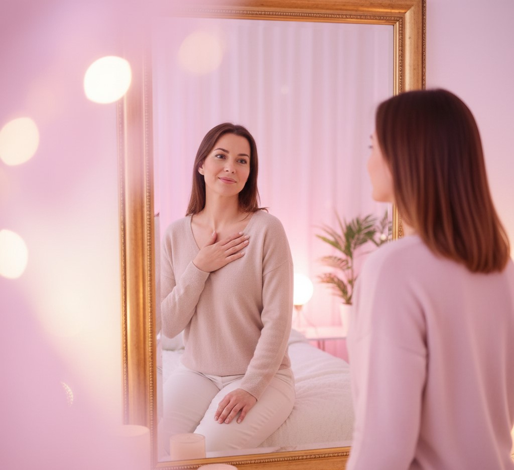 Mulher com a mão no coração se olhando no espelho representando amor-próprio antes do Réveillon.