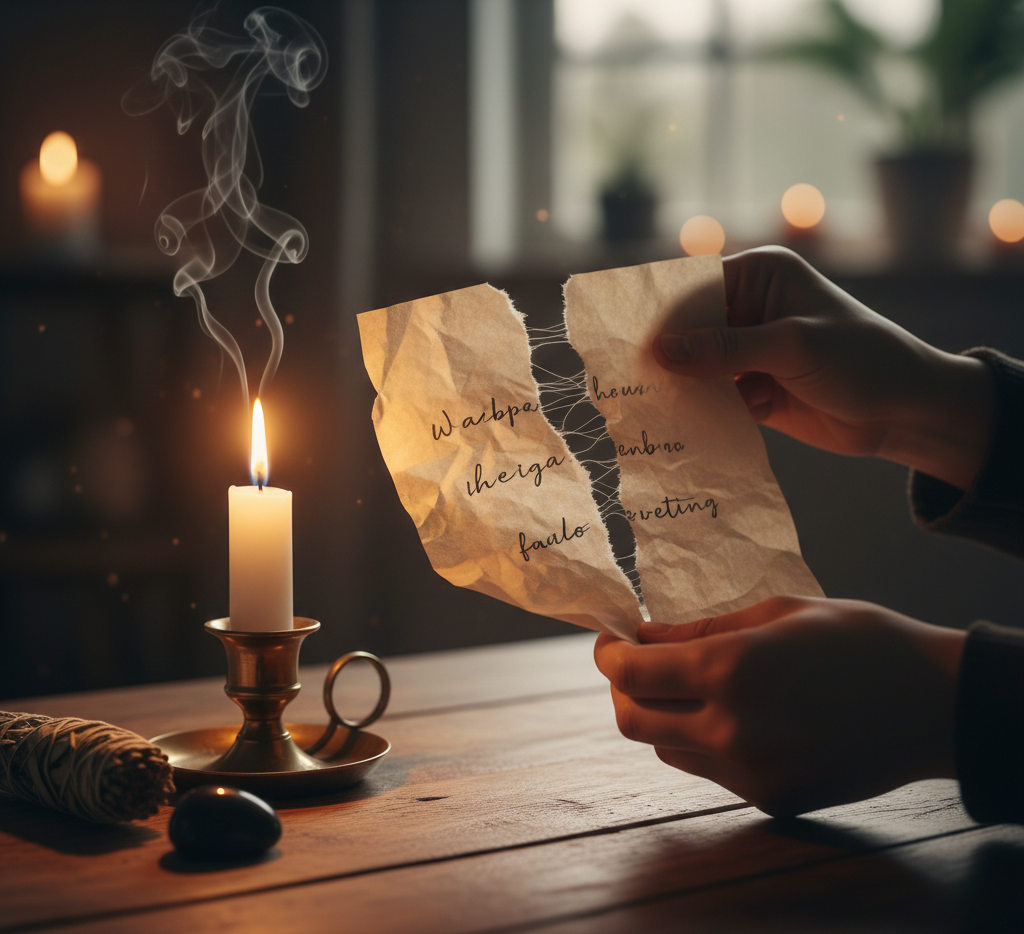 Pessoa rasgando papel com mágoas escritas, simbolizando limpeza emocional antes do Réveillon.